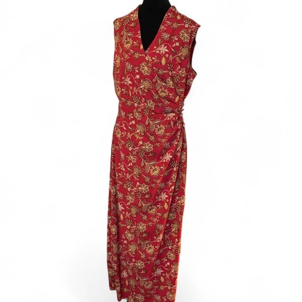 Vintage David Warren Red Paisley Maxi Wrap Dress Ruched Side Slit Size 14